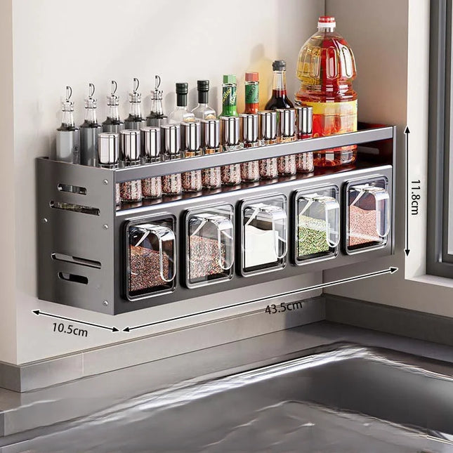 No-Drill Wall Mounted Kitchen Spice Rack Set with Multiple Sealed Jars & Spoon Distributors, Space Saving Pantry Organizer for H