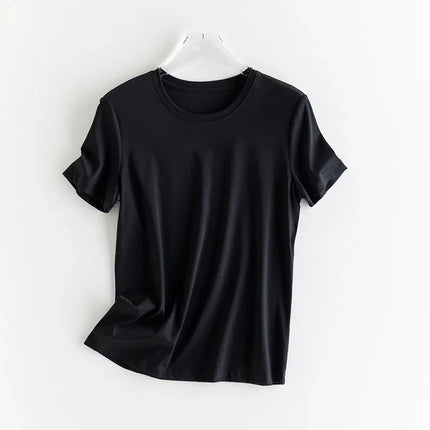 High-end New 10% Silk & Mercerized Cotton Women T-shirt Luxury Tee Short Sleeve Silky Feeling Summer Wear 2025 Tops V / O-neck
