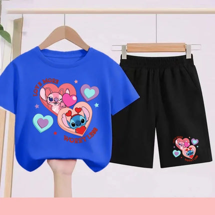 Disney 2026 Summer Round-neck Short-sleeved Set Girl Stitch Printed T-shirt Fashion Child Top+Shorts Casual Daily Sportswear Set
