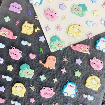 Pikachu Pokemon PK Nail Decals Relief Embossed Stickers Cute Cartoon Manicure Decor for Press On Nails Salon Use Gifts