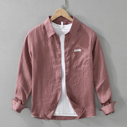 7627 100% Linen White Shirt for Men Spring Summer Fashion Solid Color Long Sleeve Simple Basic Business Casual Lapel Blouse Tops