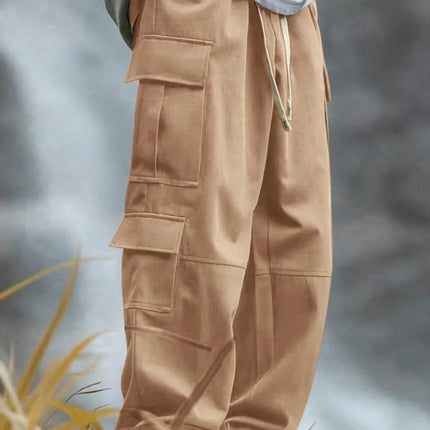 Men Straight Leg Cargo Pants Spliced Design Multi Pockets Functional Loose Long Trousers Outdoor Casual Streetwear Bottoms