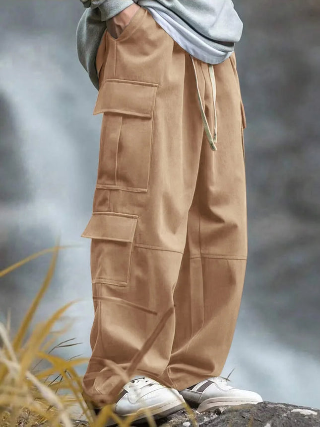 Men's Straight Leg Cargo Pants Spliced Design Multi-Pocket Functional Loose Long Trousers Outdoor Casual Streetwear Bottoms