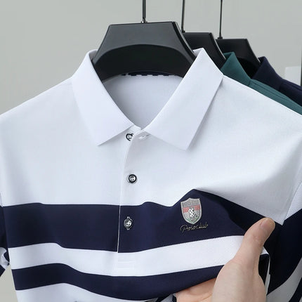 High end brand embossed men short sleeve polo shirt fashion stripe color blocked summer ice silk breathable luxury Paul T-shirt