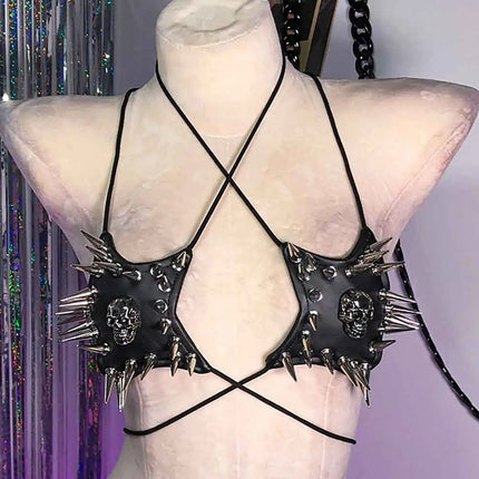 Gothic Emo Punk Women's Spiked Grunge PU Leather Tank Top Y2K Alternative 90s Vkei Studded Cyber Goth T-shirt 2000s ALT Clothing