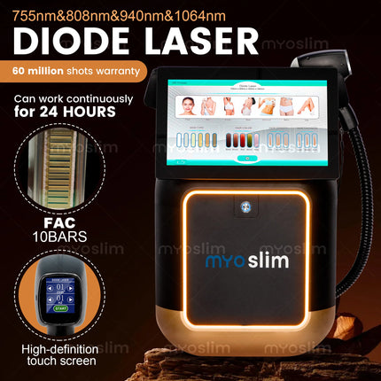Myoslim FAC 4 Wavelength 10 Bars Laser Hair Removal Machine Black Ice Platinum Cooling 808nm Diode Laser Hair Removal Device
