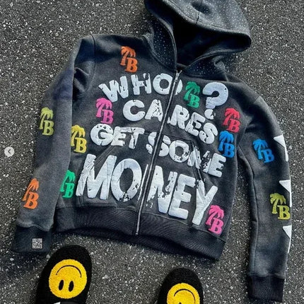 Y2K Trendy Letter Pattern Loose Casual Comfortable Hooded Zipper Retro Hoodie Jacket Top Unisex
