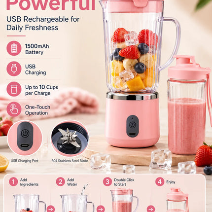 Compact 20cm Mini Portable Blender 800ml Large Capacity USB Charging 304 Steel Blade Smoothie Juicer Cup Easy To Clean