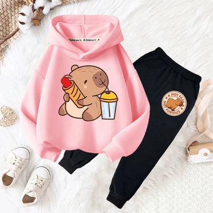 Capybara drink bubble tea fun print girls fashion set kids fall and winter casual comfortable warm hoodie + pants two-piece set