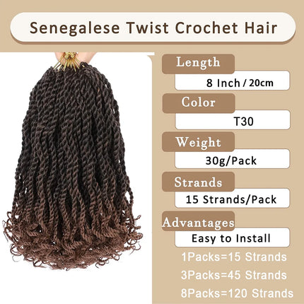 1/3/8 Packs 15-120 Strands Senegalese Twist Crochet Hair Kinky Twist Crochet Braiding Hair with Curly Ends Rope Twist Synthetic