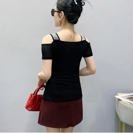 Summer Streetwear Fashion Women's T-shirt Luxury Design Butterfly Hot Diamonds Tee Sexy Off Shoulder Girls Tops European Clothes