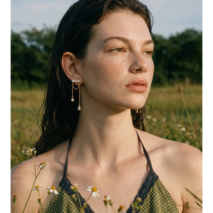 Yhpup Stainless Steel Cubic Zirconia Water Drop Tassel Chain Dangle Earrings Temperament Aesthetic Gold Color Ear Jewelry