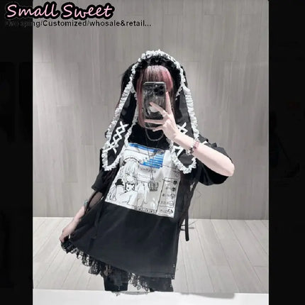 Women Subcultural Y2K Girl Long Eared Rabbit Doll Lace Up Headband Gothic Lolita Hair Clip Lace Ruffle Bunny Band