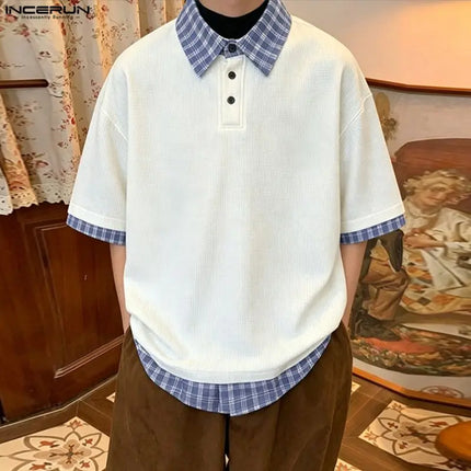 INCERUN Men's Shirt Plaid Patchwork Lapel Short Sleeve Casual Men Clothes Summer Streetwear Loose Korean Style Shirts For Man
