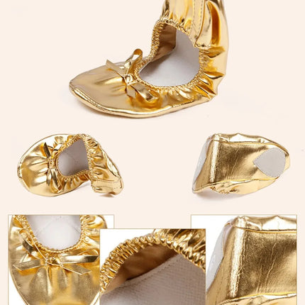 Comfortable Bowknot Belly Dancing Shoes Leather Golden Indian Dance Shoes Foldable Round Toe Foldable Ballet Flats Ladies