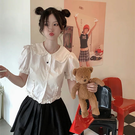 White Doll Collar Bubble Sleeve Shirt Women's Summer 2025 New Design Sweet Short Style Top Polyester Fabric Pure Color Fresh...
