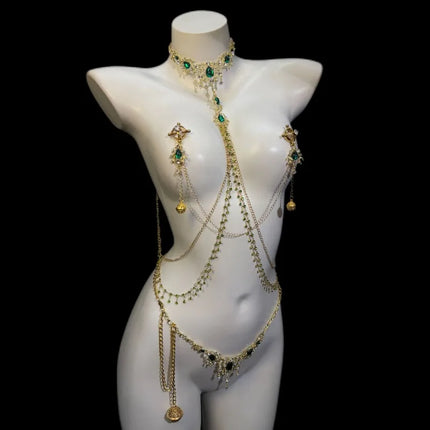 Emerald-Green Rhinestone Nipple Clamp Chain Body Chain Collar in One Piece with Palace Bell Pendant BDSM Couple Teasing Sex Toy