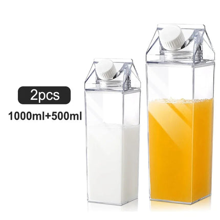 2pcs Milk Carton Water Bottle Transparent Plastic Square Milk Orange Juice Tea Container Box Sport Cup for Sports Travel Camping