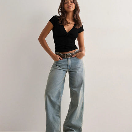 2025 Summer New Fashion Women's T-Shirt Solid-Color Slim-Fit V-Neck Short-Sleeve Top Y2k Clothing