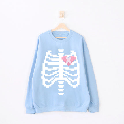 Pixel Skeleton Sweatshirt, fashion Ribcage Unisex Sweater Yami Kawaii Fashion Broken Heart Crewneck Cute Harajuku Aesthetic tops