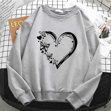 Fashion Y2k Heart with Butterfly Womens Hoodies Warm Fleece Sweatshirt Soft Breathable O-Neck Pullover Casual Female Clothes