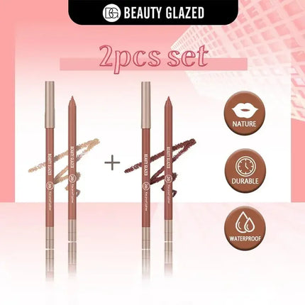 BEAUTY GLAZED 2 Pcs  Lip Liner Set Long Lasting Waterproof Lipliner Matte Velvet Lipstick Pen Lip Makeup Cosmetic Smudgeproof