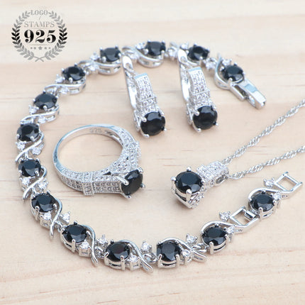 925 Sterling Silver Jewelry Sets For Women Wedding Jewelry Ladies Purple Zircon Earrings Bracelets Set Rings Pendant Necklace