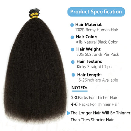Kinky Straight Microlinks Hair Extensions Virgin Human Hair Natural Black Keratin I Tip Hair Extension 50g/Set For Women