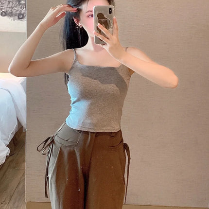 New Women's Slim Fit Tank Top Pure Color Summer Outerwear with Chest Pad Bal Base irt Sli Versatile Casual Wear