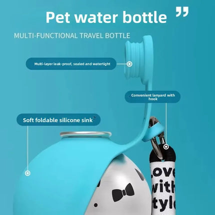 Dog Water Bottle with Removable Silicone Bowl 285ml Portable Dog Drinker 2-in-1 Stainless Steel Travel Pet Supplies