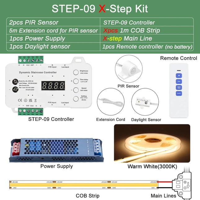 1-40 Steps LED Stair Light Motion Sensor Stairs Lighting With 2 PIR Sensor Staircase Lights COB LED Strip Stair Kit Step Light