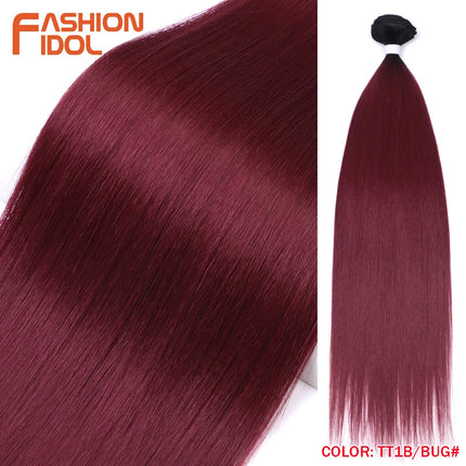 FASHION IDOL Synthetic Hair Bundles 30 inch Salon Yaki Straight Hair Ombre Red High Temperature Fiber Ponytail Hair Extensions