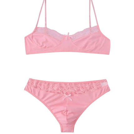 1 Set of 2 Pieces Underwear Set:Men's erotic cross-dressing bowknot lace underwear set, lace panties & bra combination set