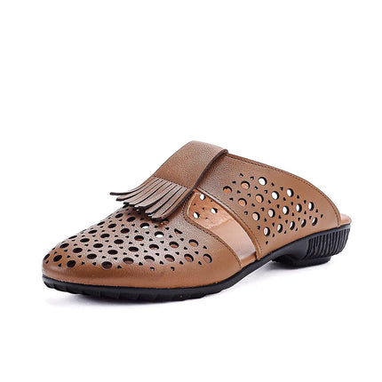 New Women's Breathable Perforated Leather Mules Vintage Tassel Slip on Flats Woman Casual Summer Shoes Hollow Slippers Outdoor
