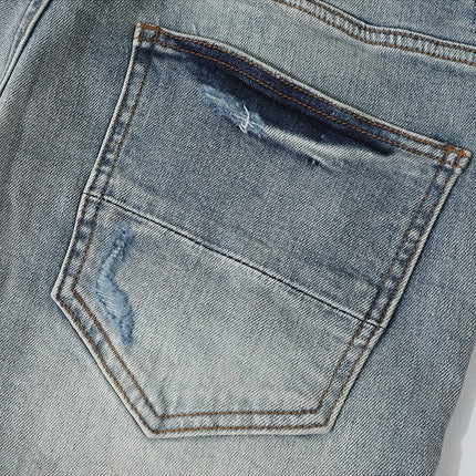 Retro Men's Light Blue Jeans Y2K Fashion High Street Hip Hop Brand Pants with Perforation Patch Nostalgic Washed Letter Design