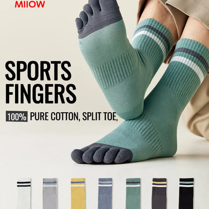 MiiOW 100% Pure Cotton Five Finger Long Socks Deodorant Antibacterial Running Sports Split Toe Sock Cycling Trending Sock Men