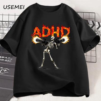 ADHD Skeleton Meme T Shirts for Men Casual Cotton Short Sleeve Tees Streetwear Loose Fashion Skull Graphis T Shirts Streetwear