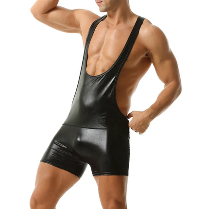 Mens Undershirts Shiny Boxers Jumpsuit Sexy Faux Leather Bodysuit Wrestling Singlet Male One-piece Leotard Party Dance Clubwear