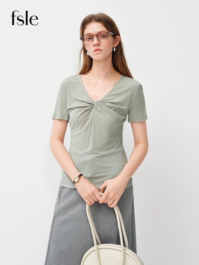 FSLE 2026 Spring Summer Women's Slim Fit V-Neck Short Sleeve Knit Top Mulberry Silk Cupro Blend Shirt for Lightweight Soft Touch