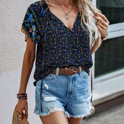 Summer Floral Print Blouses For Women Fashion V Neck Short Sleeve Boho Beach Casual Tops Female Elegant Shirt New Womenes