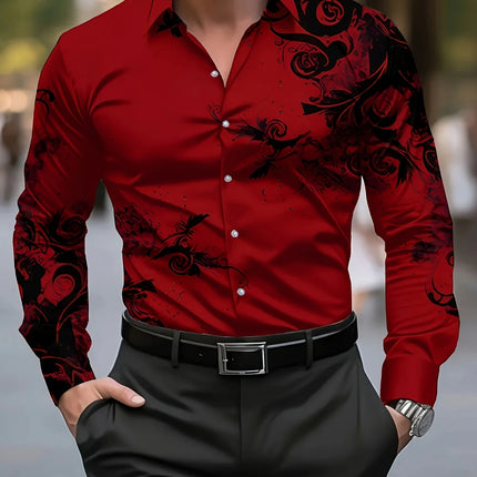 Men's Stylish Red Floral Print Dress Shirt - Casual Long Sleeve Button-Up Design Spring Fashion Shirt Floral Print Shirt