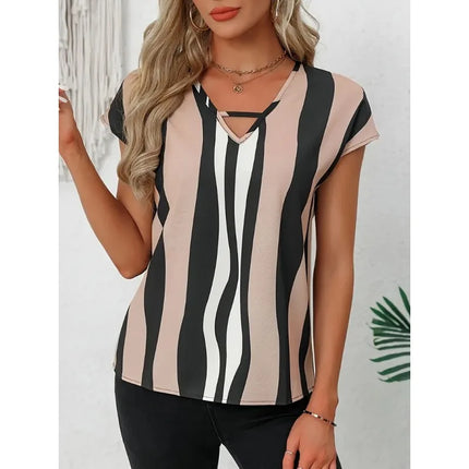 Plus Size 1XL-5XL  Women's Fashionable Striped V-neck T-shirt Sleeveless Shirt Short Sleeve Button-up Commute Quality Summer Top