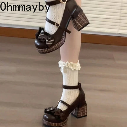 Design Style Butterfly-knot Women Lolita Pumps Shoes Fashion Ladies Platform Thick Heel Dress Leather Mary Jane Shoes