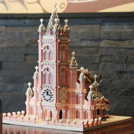 7000Pcs World Architecture Model Pink Church of the Sacred Heart Micro Building Blocks DIY Architecture Toys - Display Gift Set