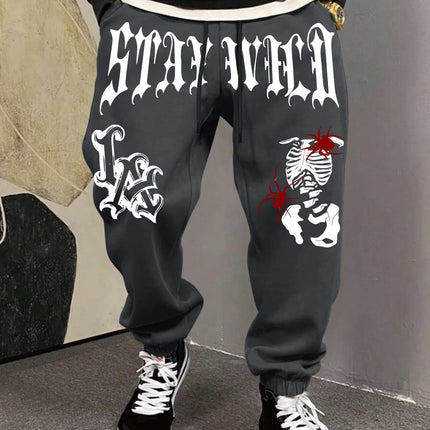 Men's Retro Dark Grunge Gothic Letter Skeleton Graphic Joggers Elastic Cuff Sweatpants Popular Vintage Streetwear Casual Pants