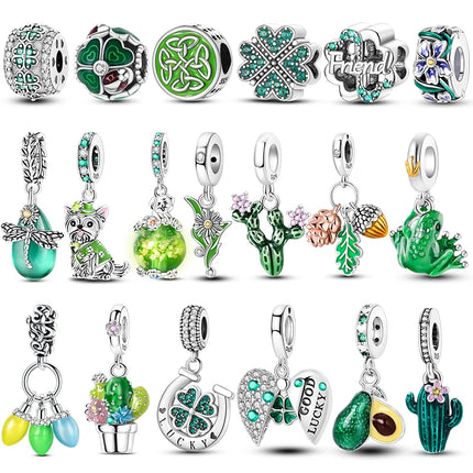 New 925 Sterling Silver Cactus Four Leaf Clover Charm Spring Green Series Bead Pendant For Original Beads Bracelet DIY Jewelry