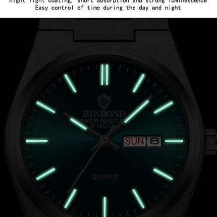 BINBOND 102 Couple Quartz Watch Men's Original Watch Waterproof Night Light Date Week Stainless Steel Men's and Women's Watch