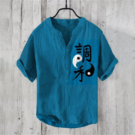 Hawaii Vacation Summer Men's Short-Sleeved POLO Shirt Imitation Print POLO Shirt Fashion Chinese Calligraphy Retro Top