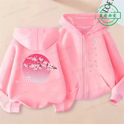 Sakura Cherry Print Female Zip Up Hoody Harajuku Hoodies Cherry Blossome Fashion Casual Street Hooded Autumn Fleece Streetwear