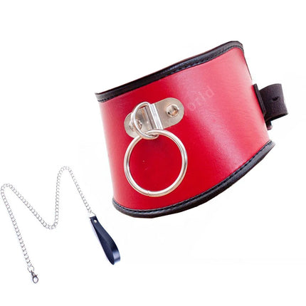 Leather BDSM Bondage Posture Neck Collar With Pullring Lockable Chastity Belt,Adjust Collar Ring Slave Neck Harnes Strap Sex Toy